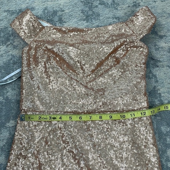 NWT Dessy Collection Off The Shoulder Sequin Trumpet Gown Dress Rose Gold 3011 - Picture 6 of 12